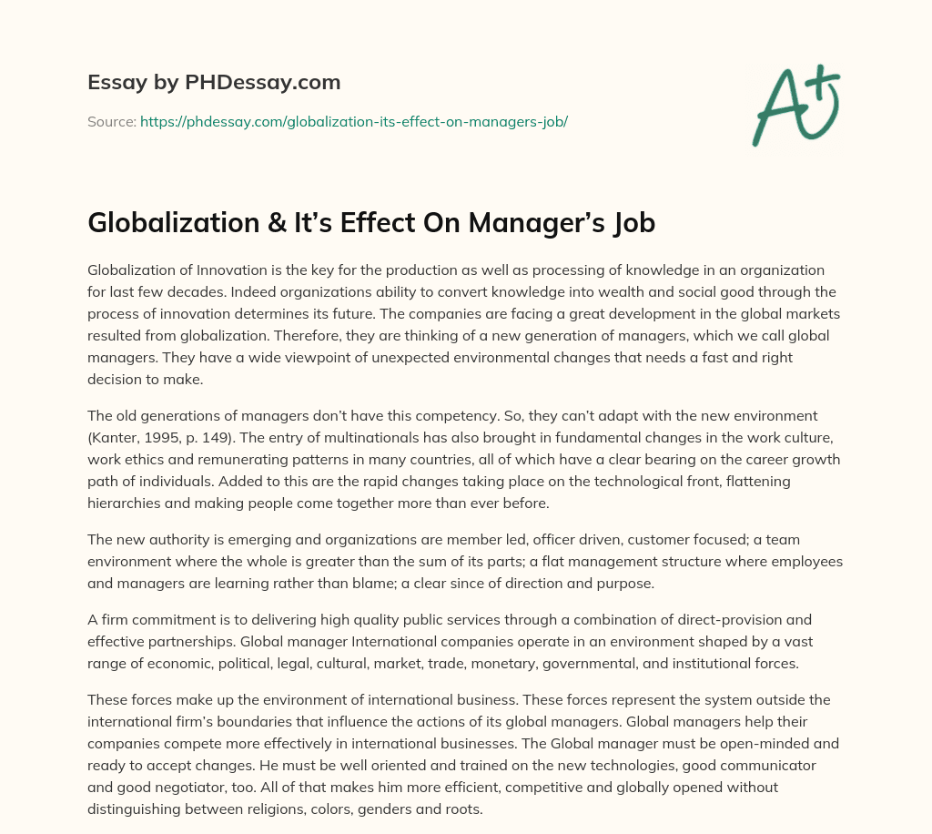 Globalization   &   It’s Effect On Manager’s Job essay
