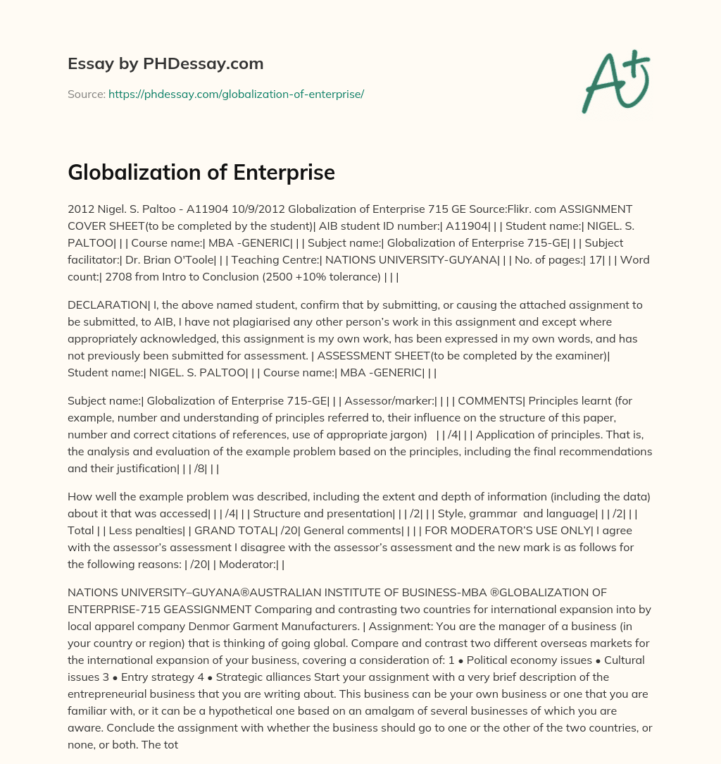 Globalization of Enterprise essay
