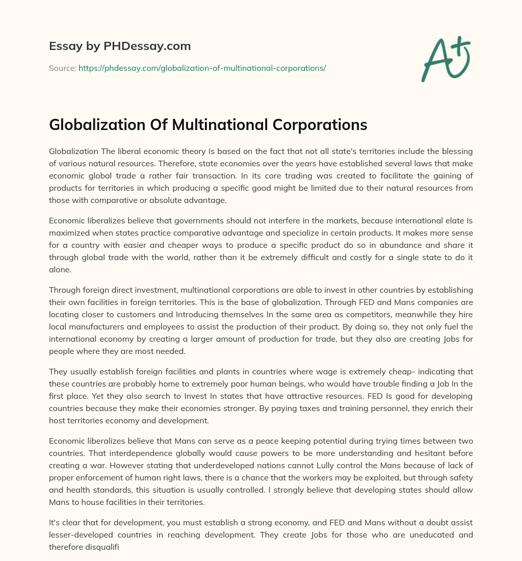 Globalization Of Multinational Corporations essay