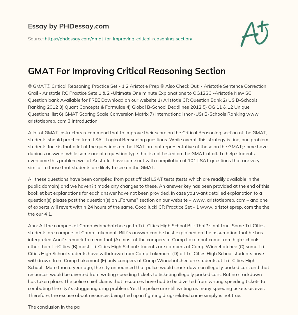 GMAT For Improving Critical Reasoning Section essay