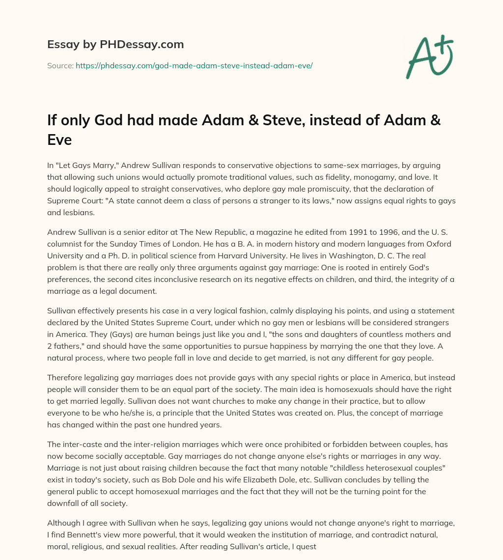 If only God had made Adam & Steve, instead of Adam & Eve essay