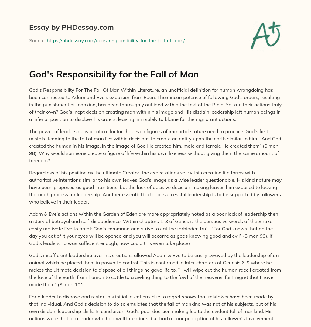 God’s Responsibility for the Fall of Man essay