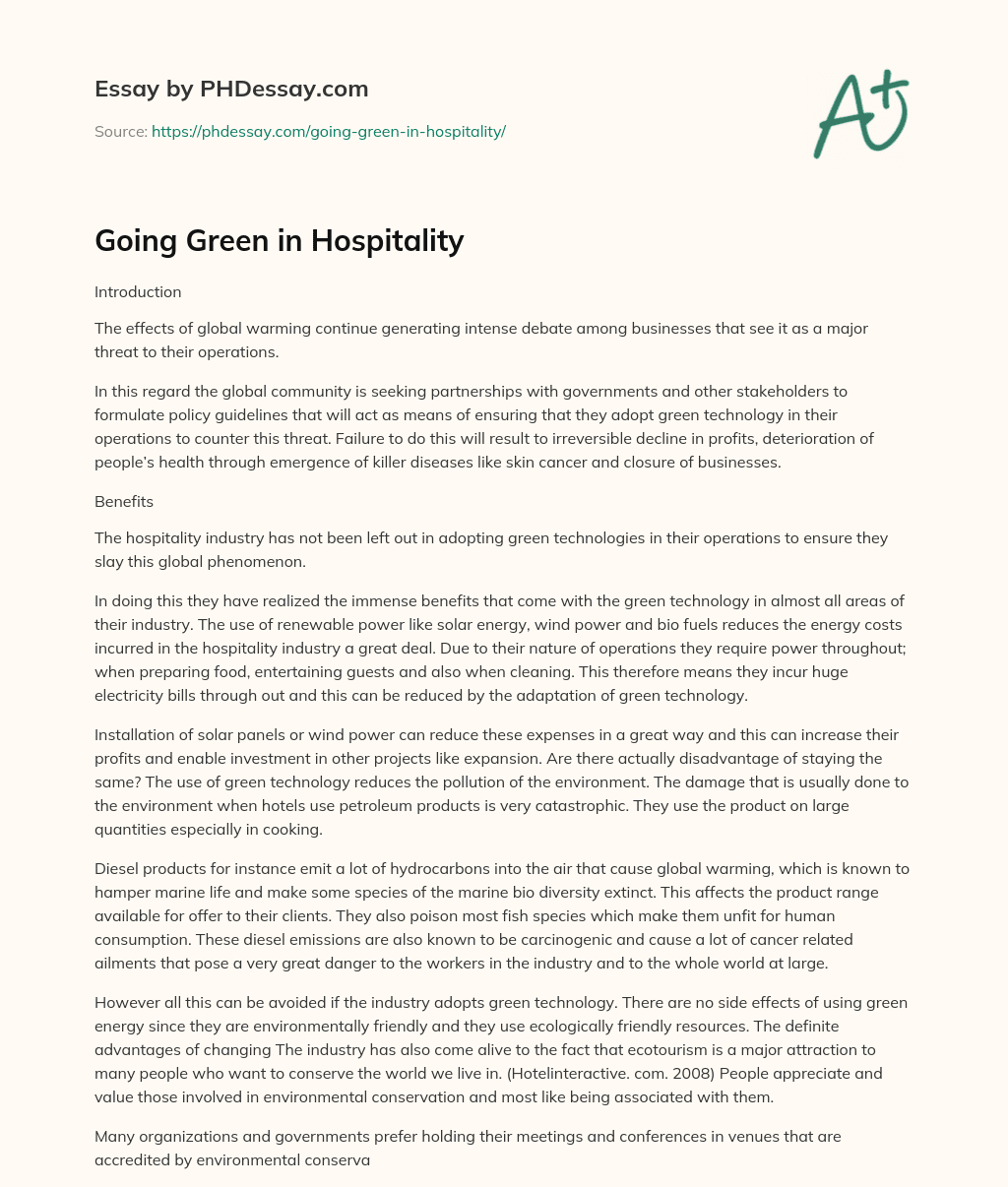 Going Green in Hospitality essay
