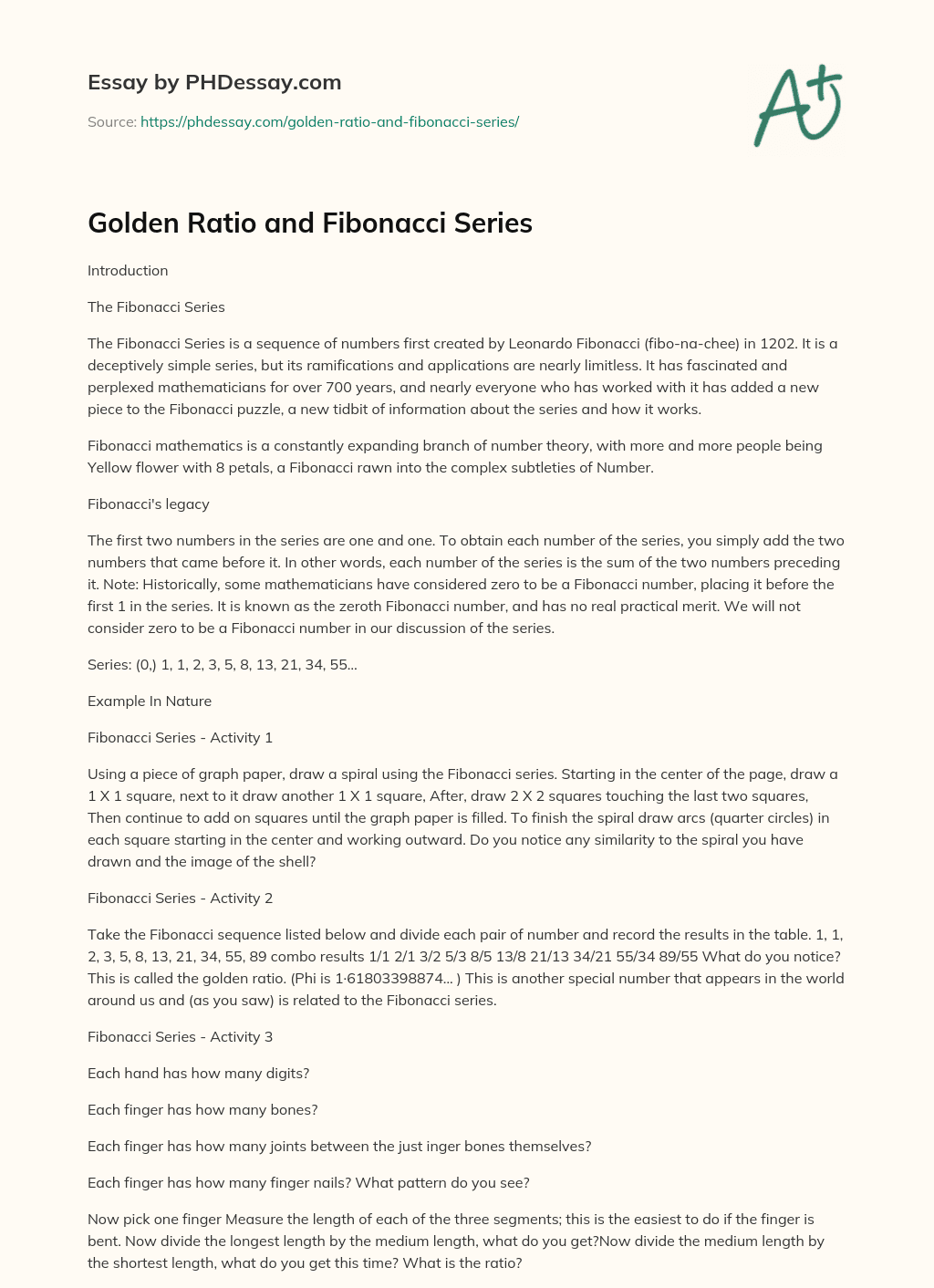 Golden Ratio and Fibonacci Series essay
