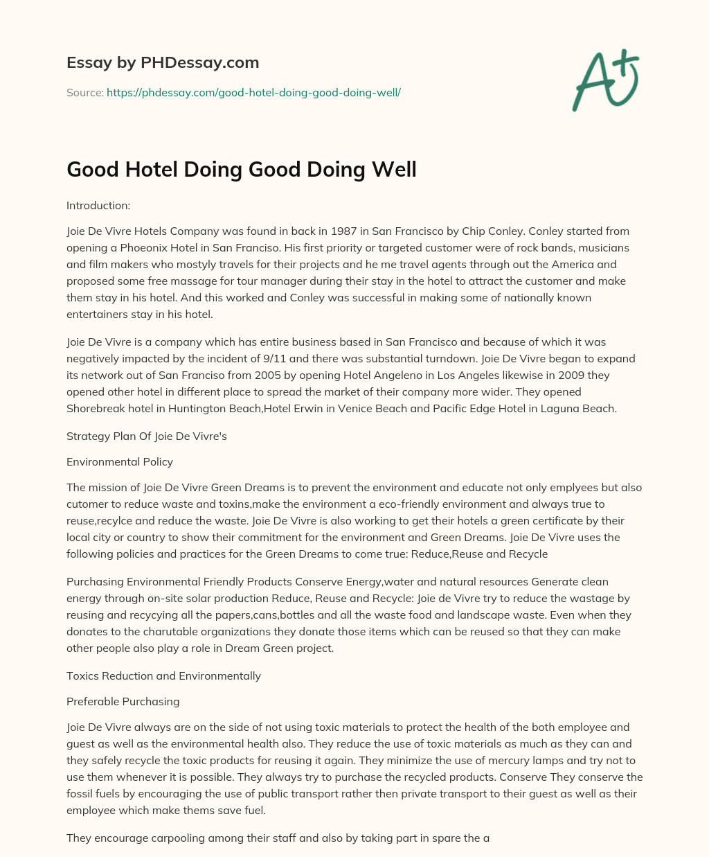 Good Hotel Doing Good Doing Well essay