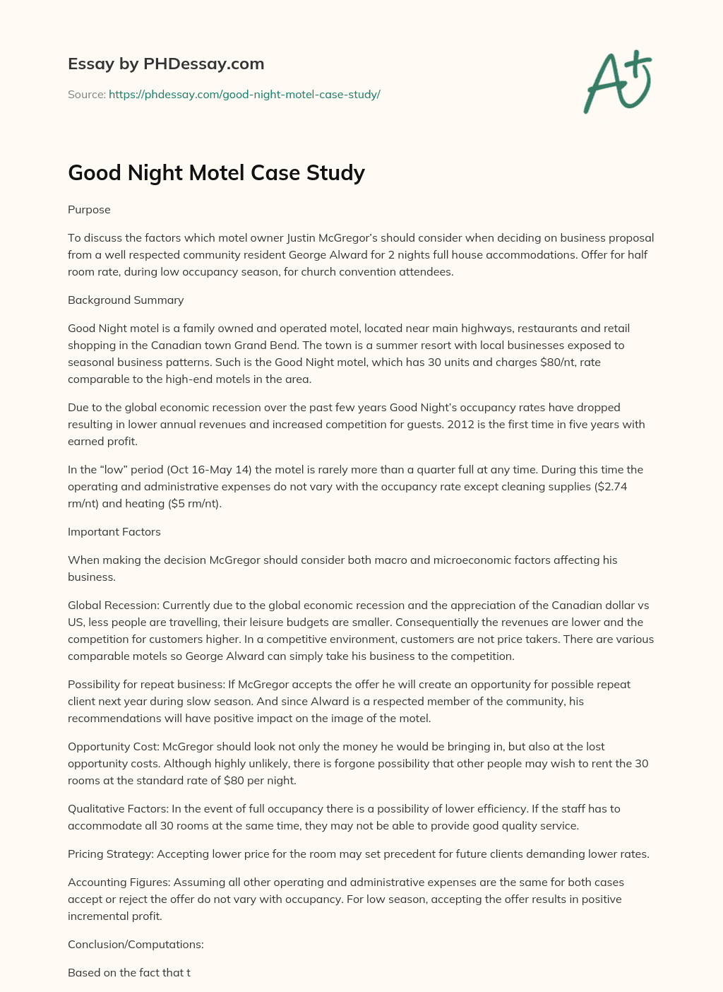 Good Night Motel Сase Study essay