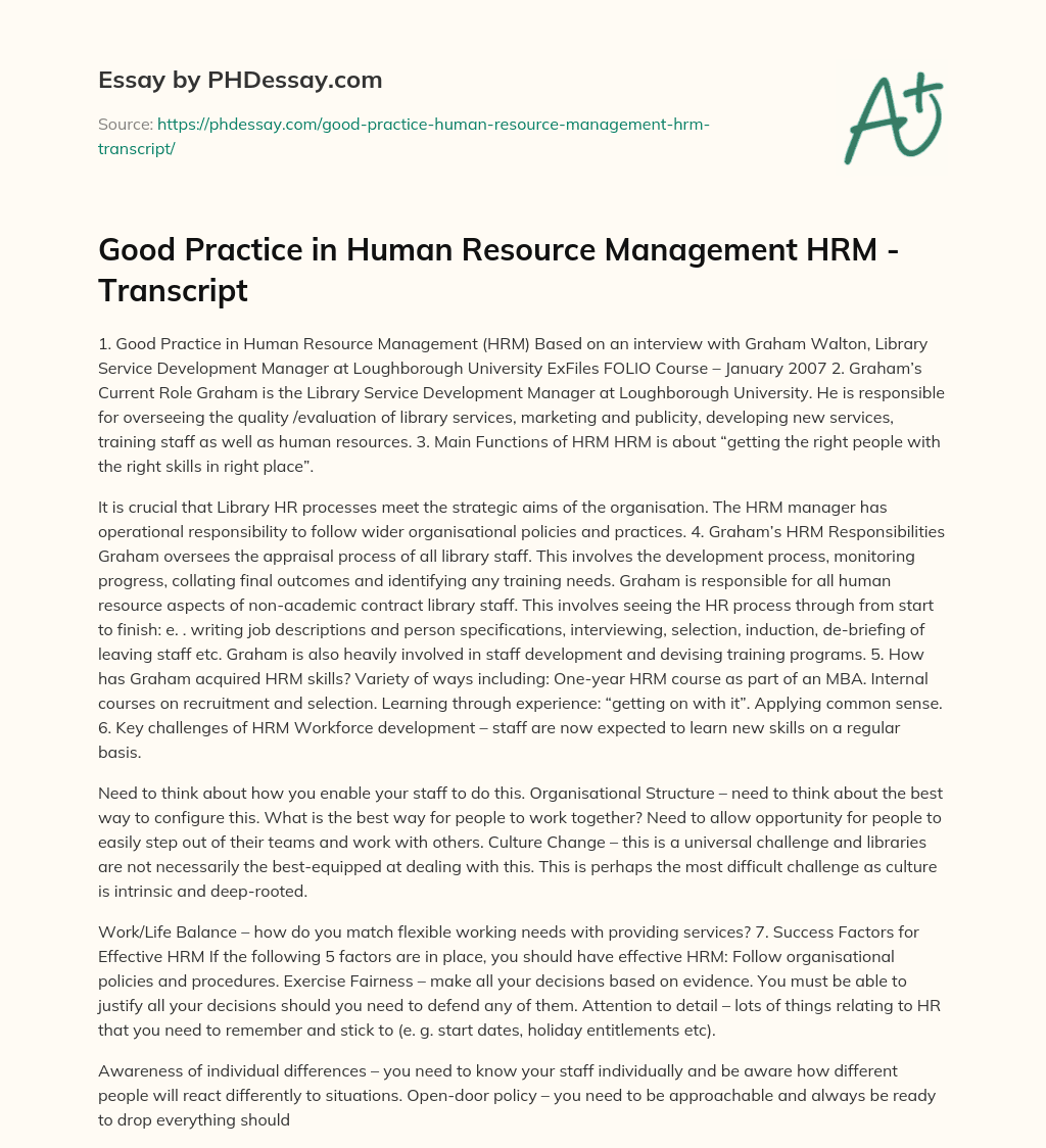 Good Practice in Human Resource Management HRM – Transcript essay