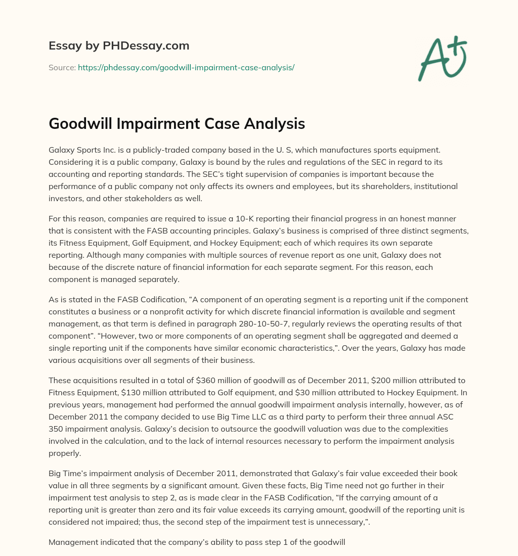 Goodwill Impairment Case Analysis - PHDessay.com