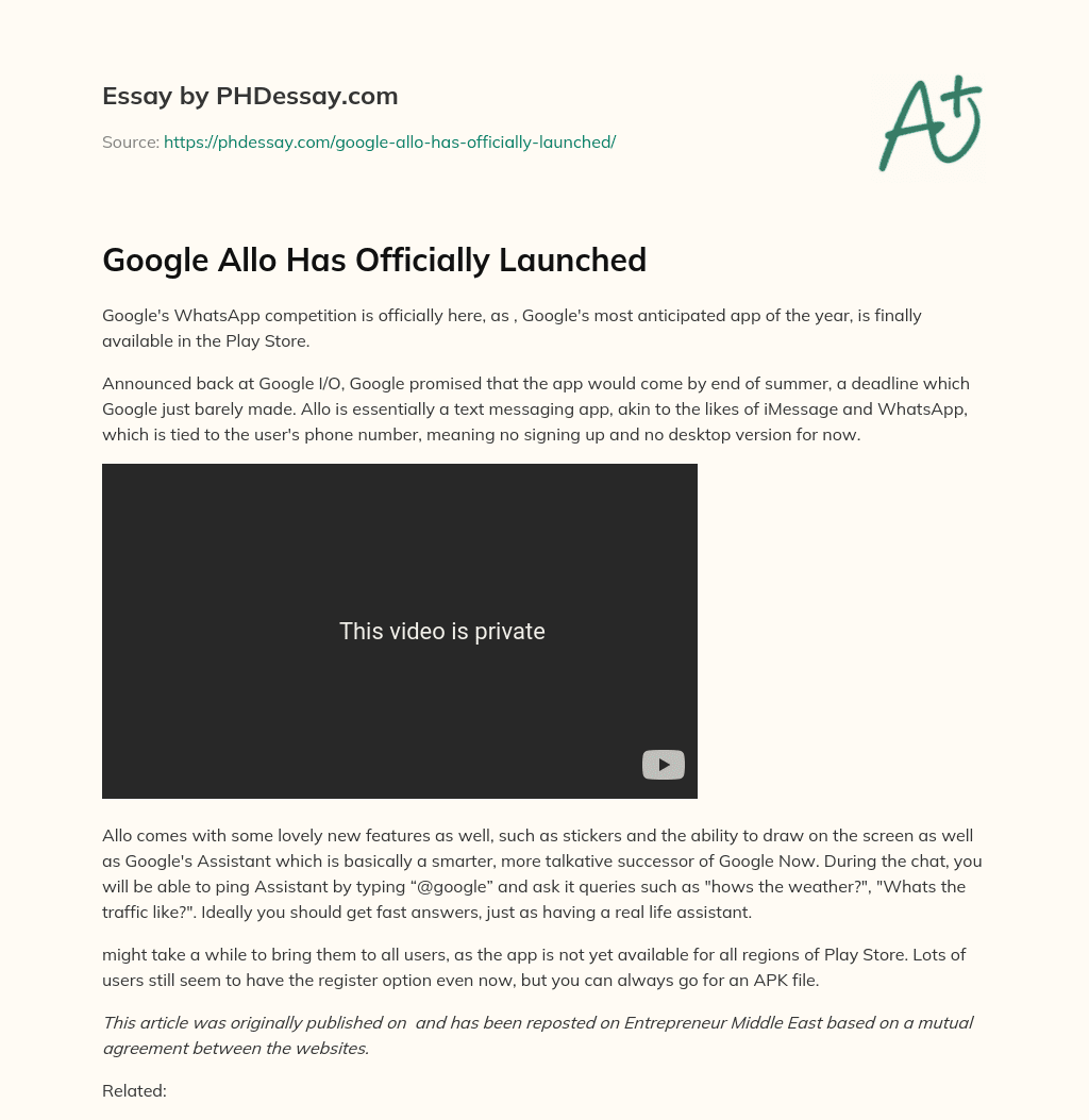 Google Allo Has Officially Launched essay