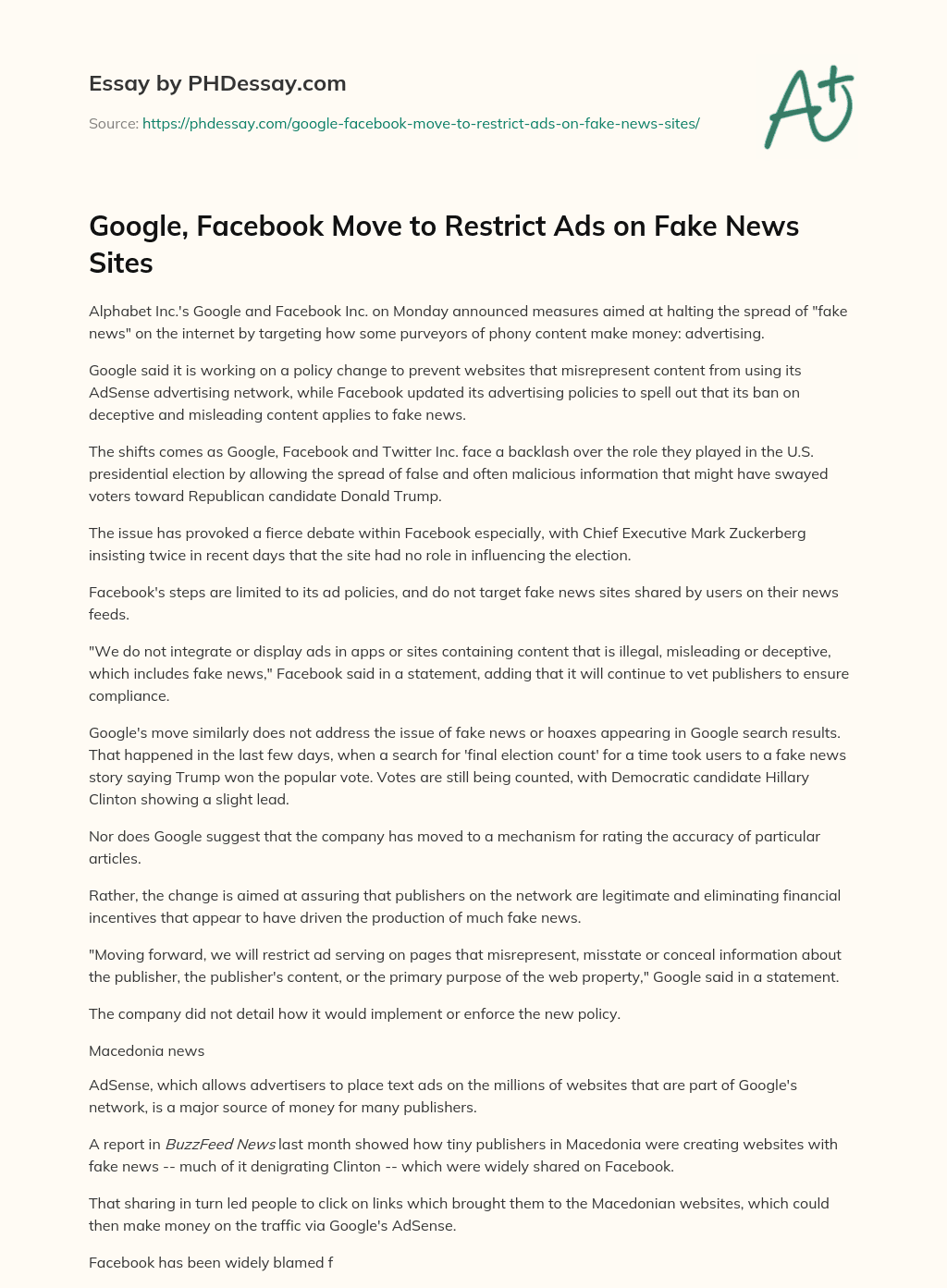 Google, Facebook Move to Restrict Ads on Fake News Sites essay