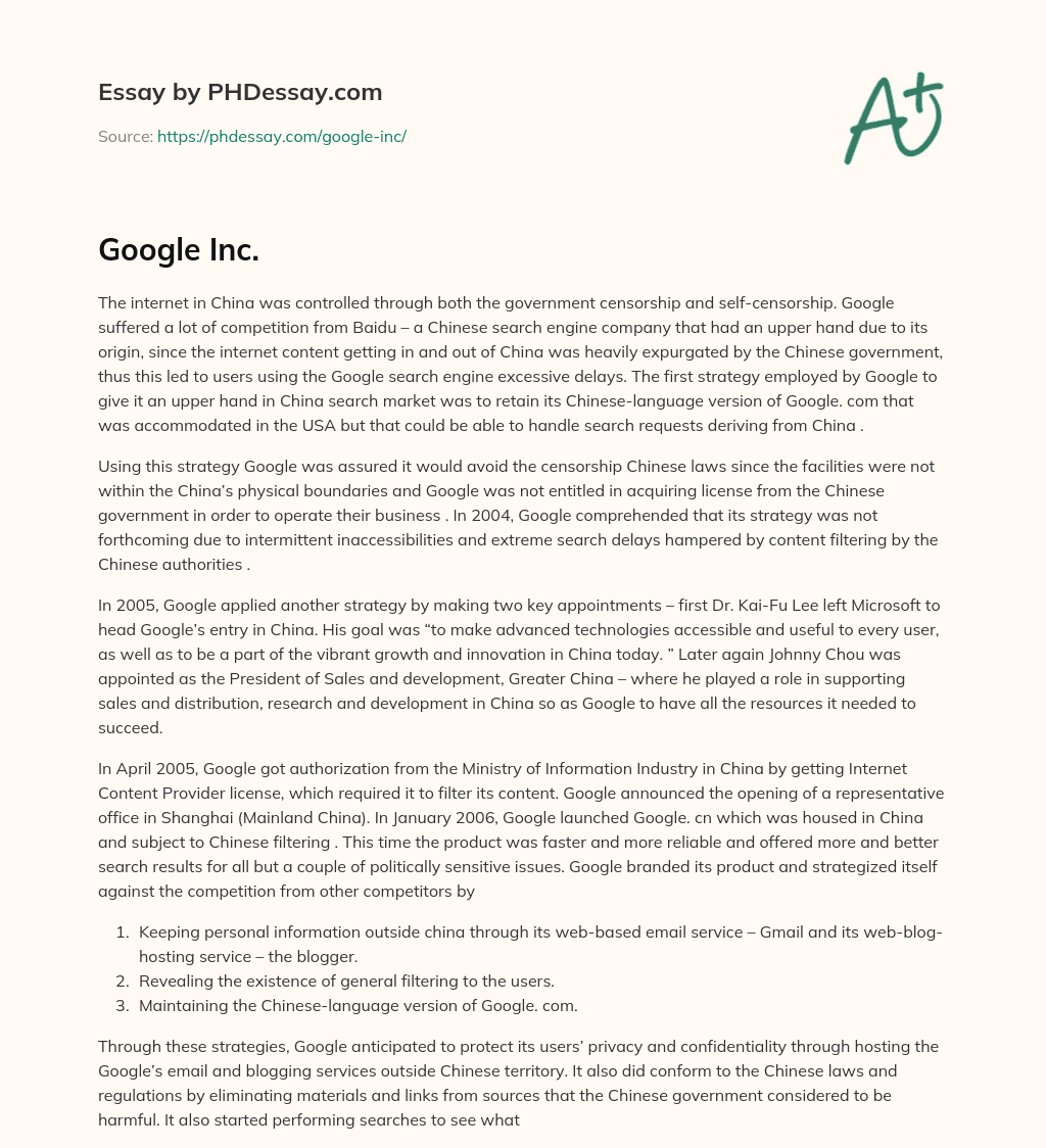 Google’s Strategies to Enter the Chinese Search Market essay