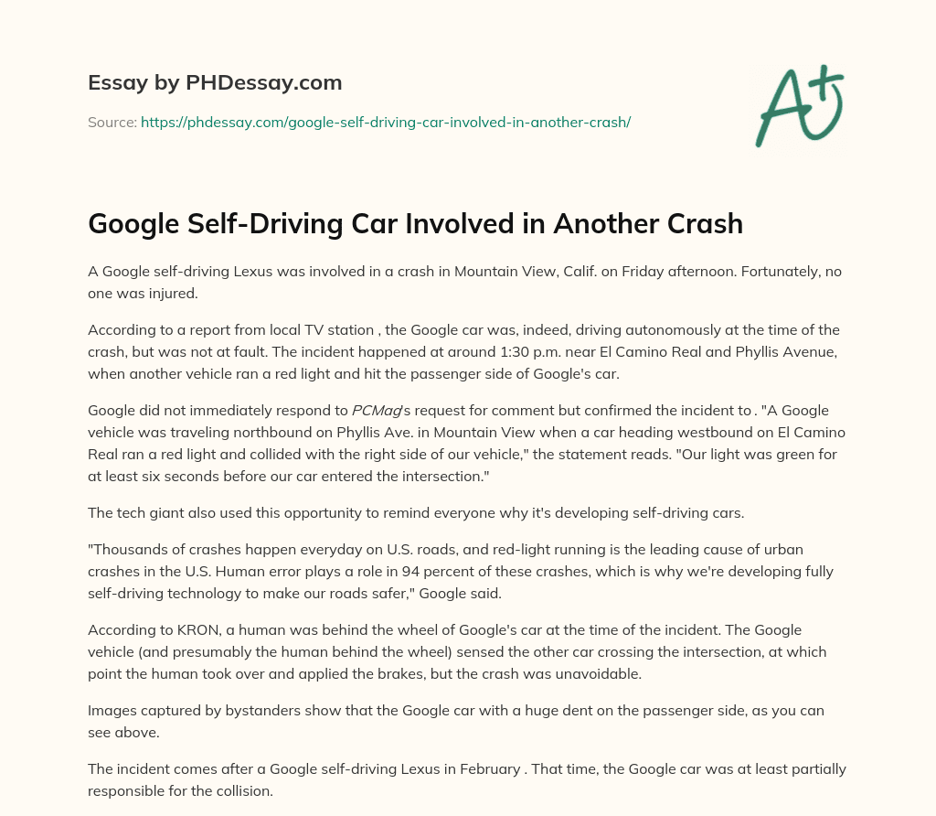 Google Self-Driving Car Involved in Another Crash essay