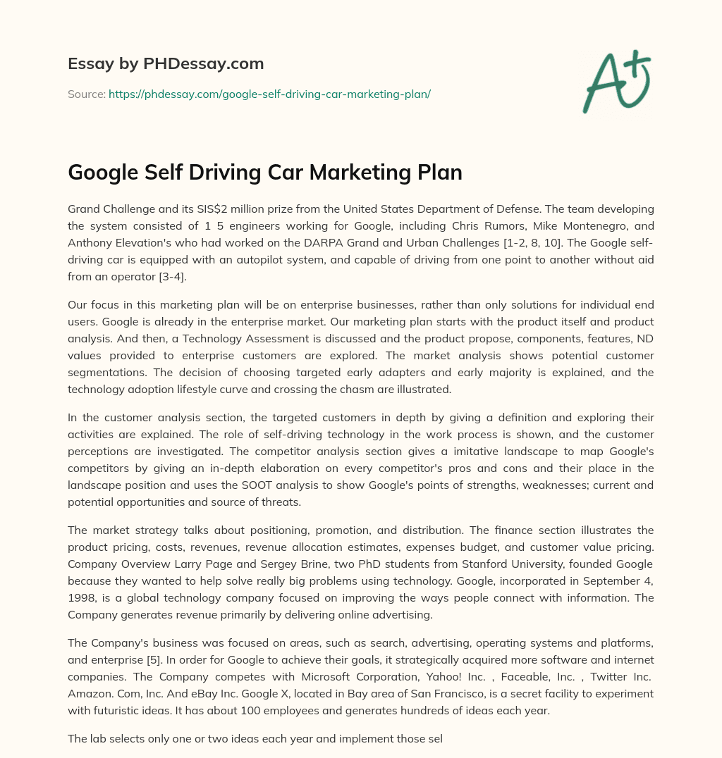 Google Self Driving Car Marketing Plan essay