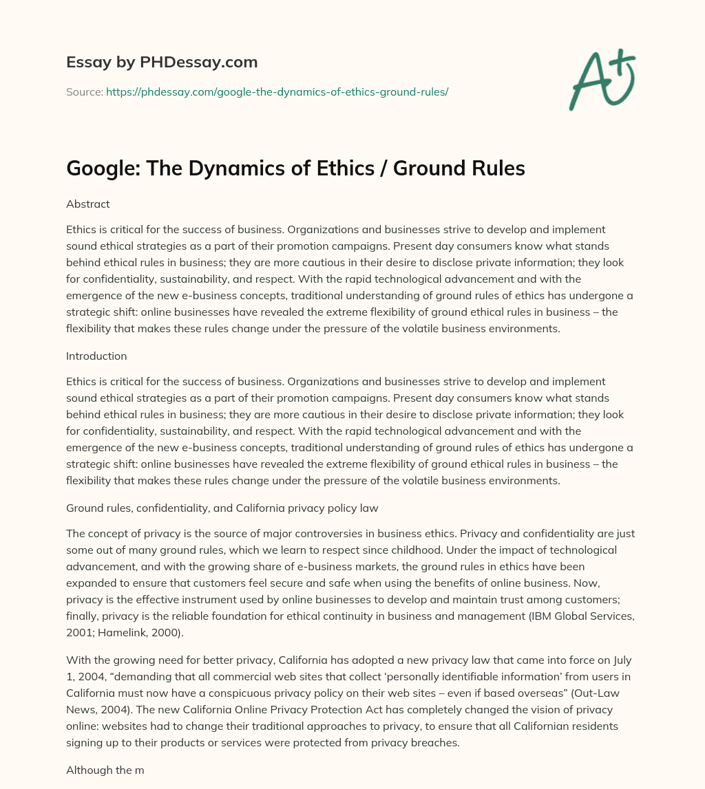 Google: The Dynamics of Ethics / Ground Rules essay
