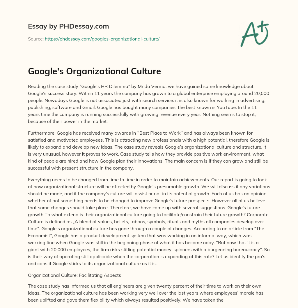 Google’s Organizational Culture essay