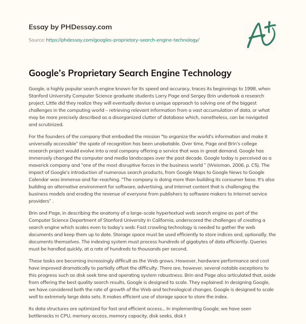 Google’s Proprietary Search Engine Technology essay