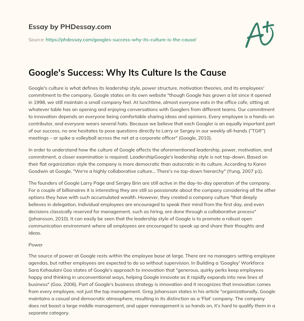 Google’s Success: Why Its Culture Is the Cause essay