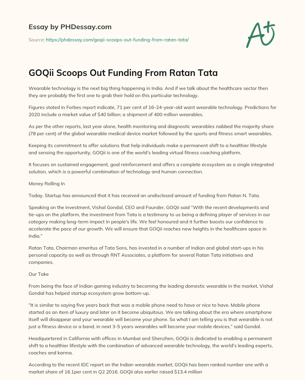 GOQii Scoops Out Funding From Ratan Tata essay