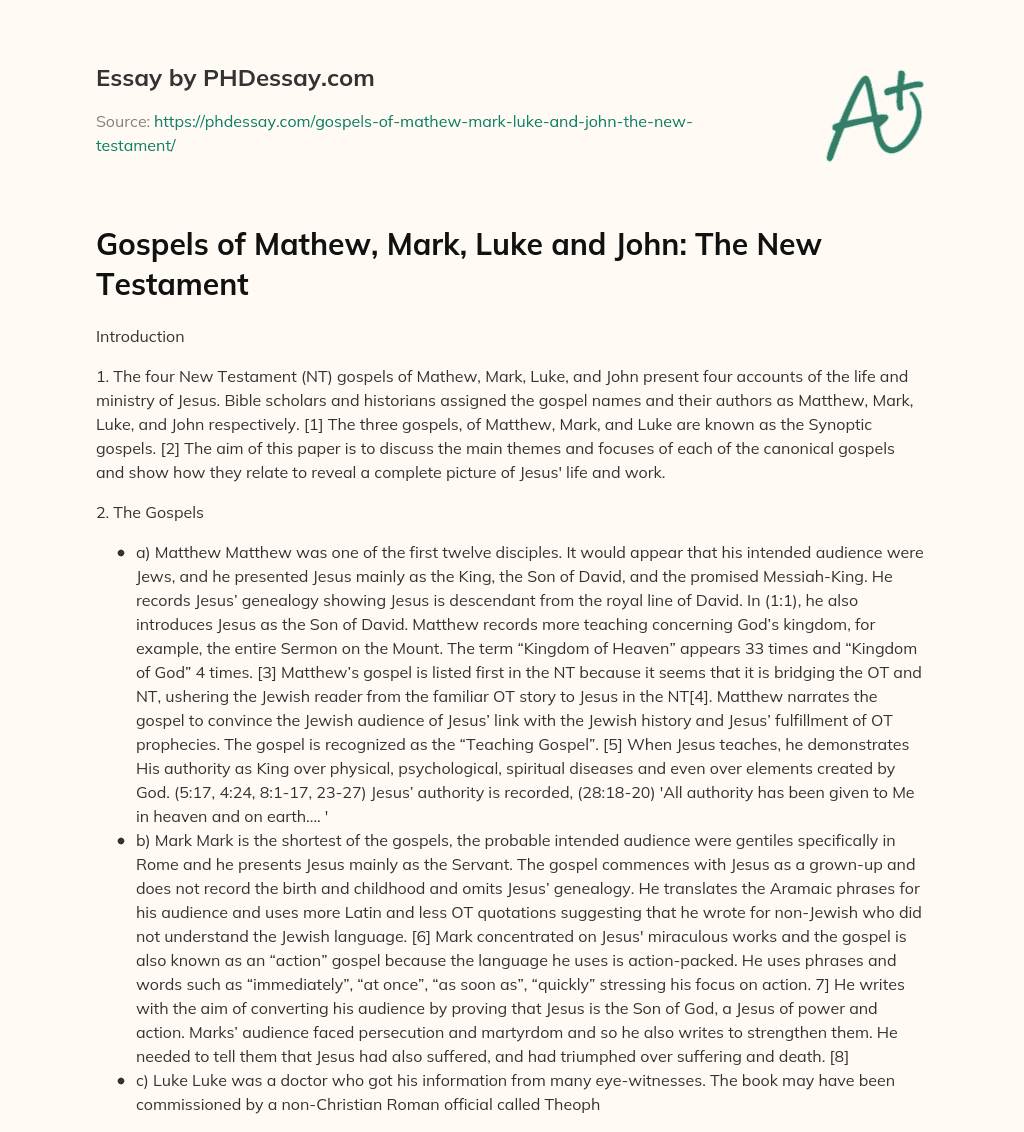 Gospels of Mathew, Mark, Luke and John: The New Testament essay