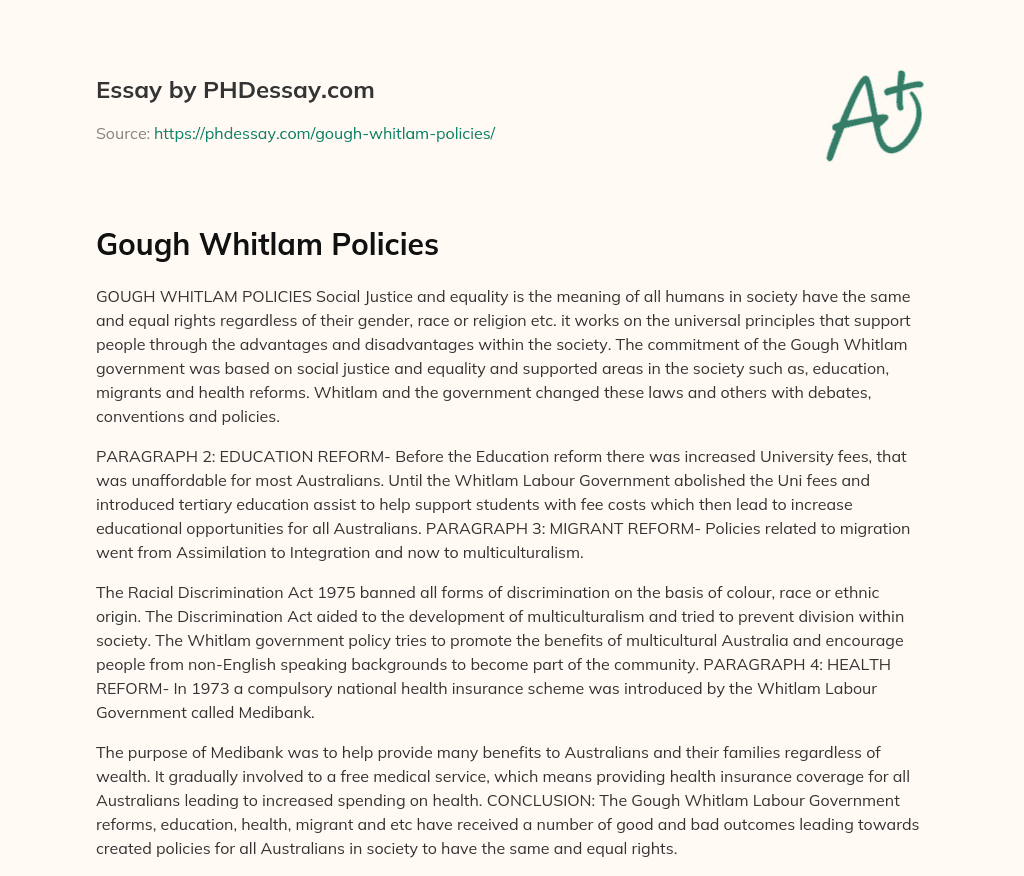 Gough Whitlam Policies essay