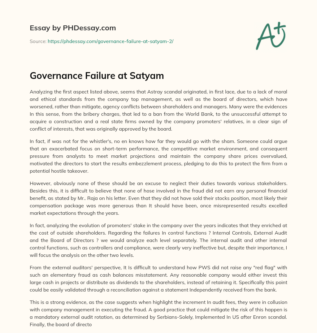 Governance Failure at Satyam essay