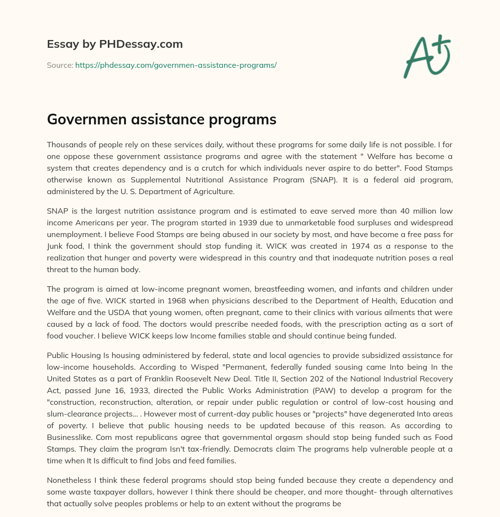 Governmen assistance programs essay