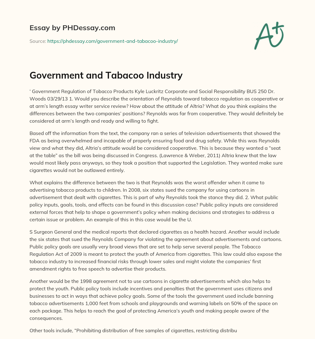 Government and Tabacoo Industry essay