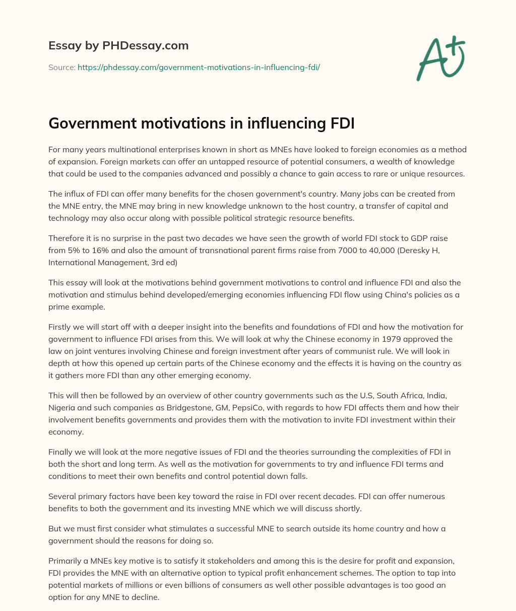 Government motivations in influencing FDI essay