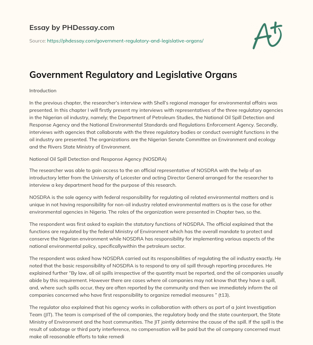 Government Regulatory and Legislative Organs essay