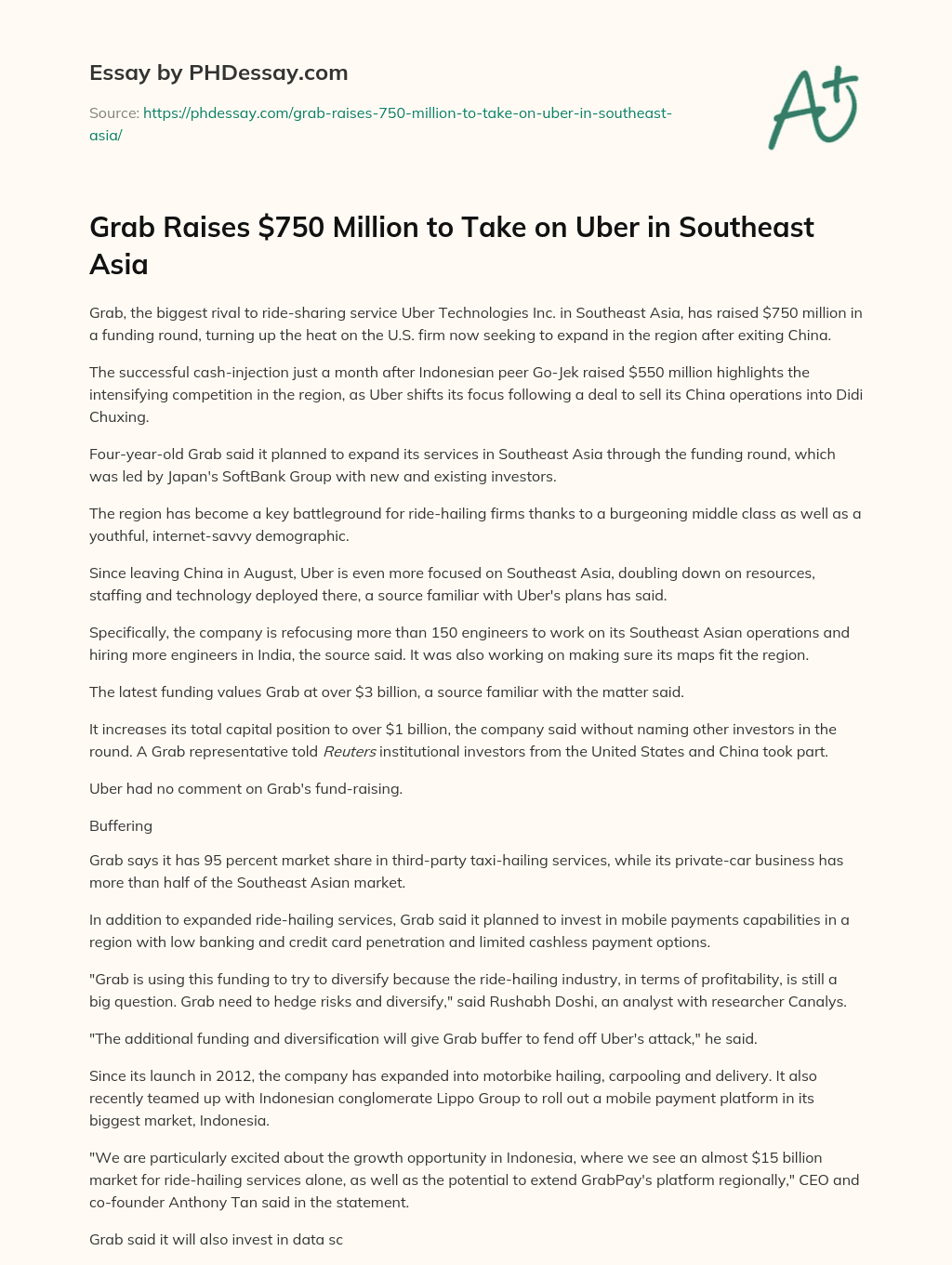 Grab Raises $750 Million to Take on Uber in Southeast Asia essay