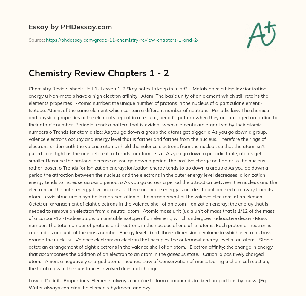 Chemistry Review Chapters 1 – 2 essay