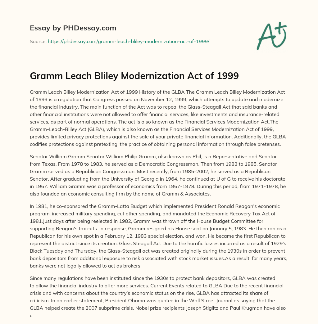 Gramm Leach Bliley Modernization Act of 1999 essay