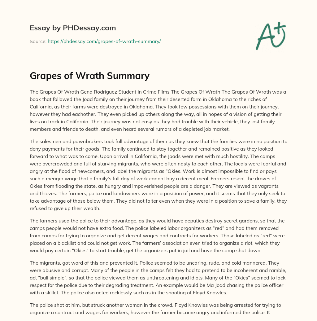 Grapes of Wrath Summary essay