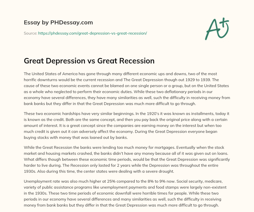 Great Depression vs Great Recession essay