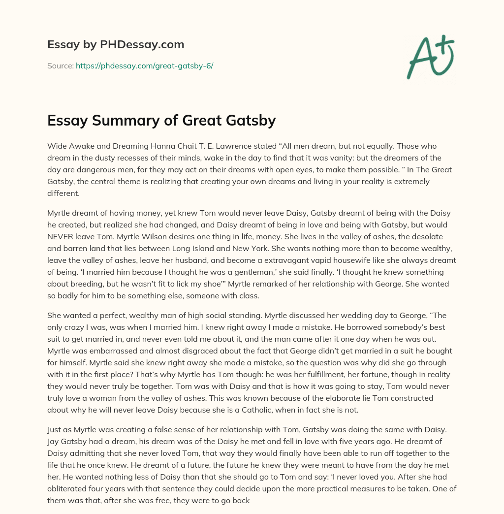 Essay Summary of Great Gatsby essay