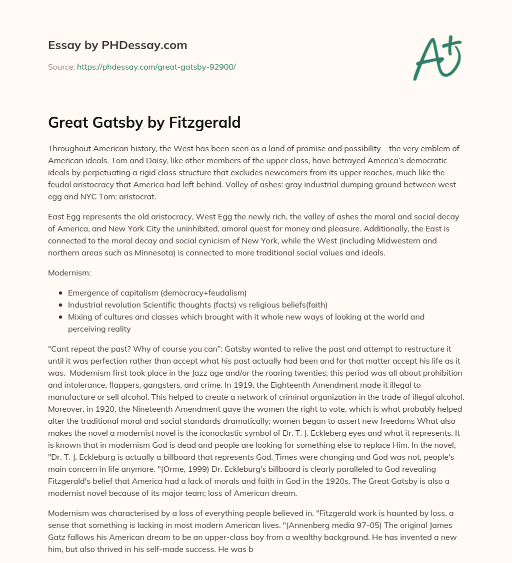 Great Gatsby by Fitzgerald essay