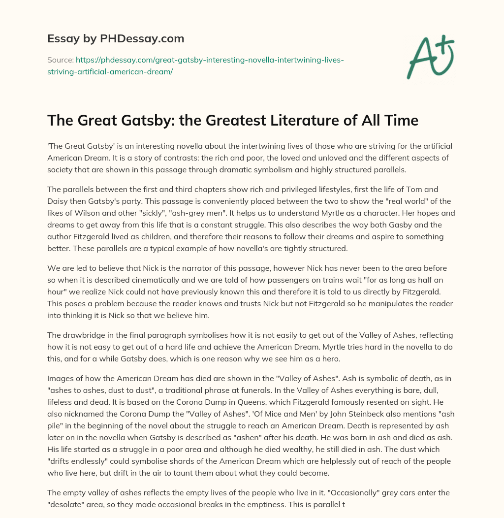The Great Gatsby: the Greatest Literature of All Time essay