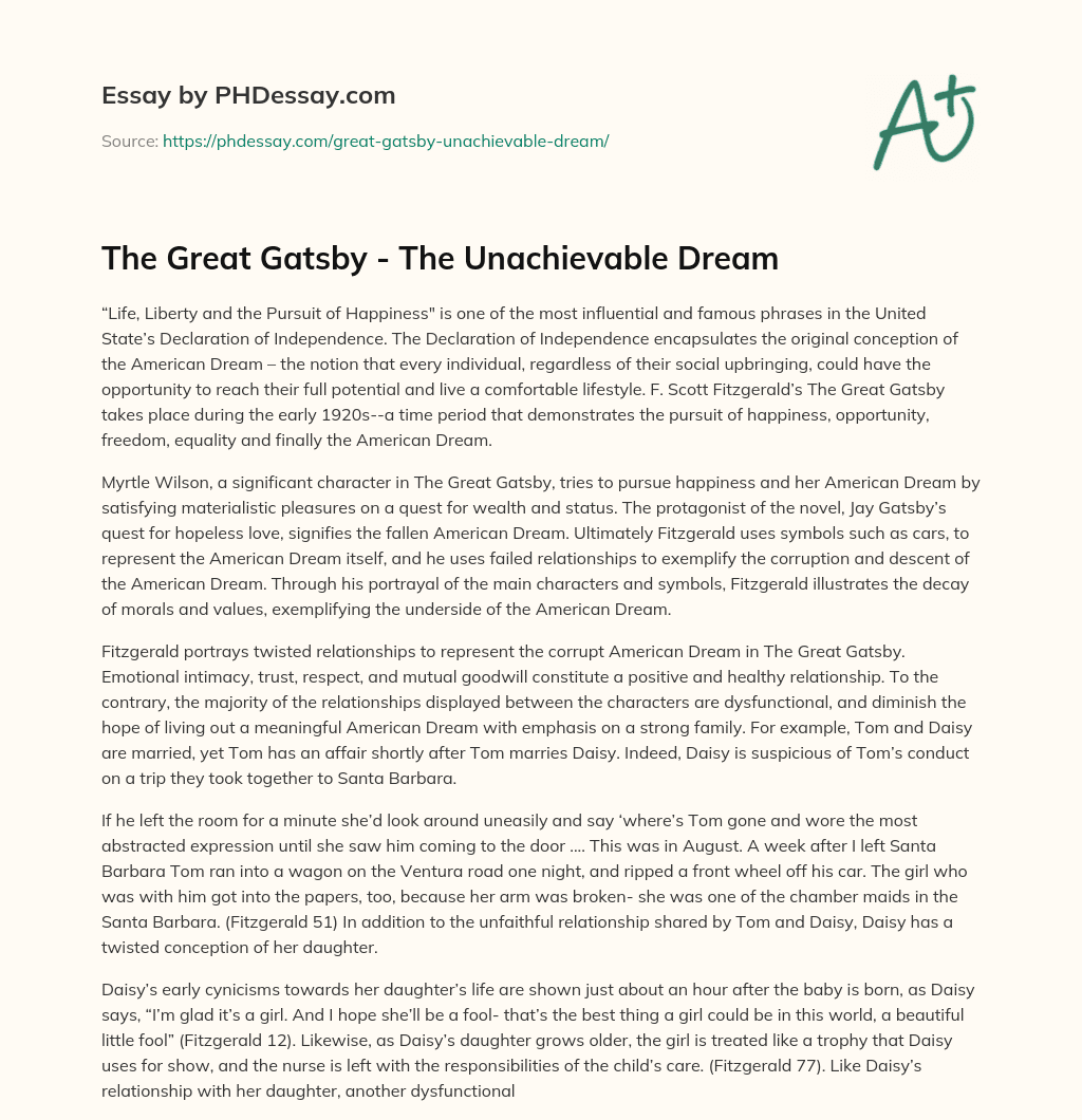 The Great Gatsby – The Unachievable Dream essay