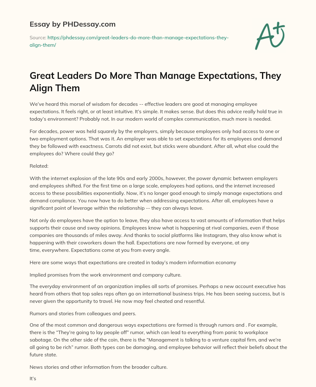 Great Leaders Do More Than Manage Expectations, They Align Them essay