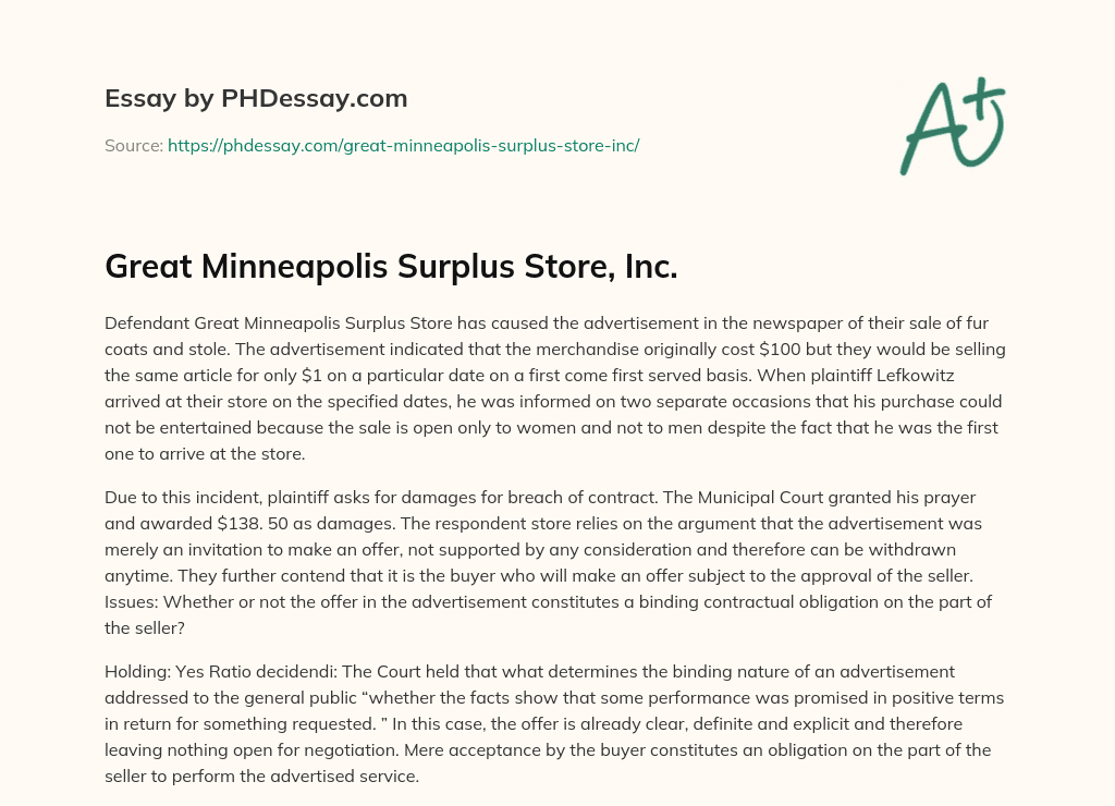 Great Minneapolis Surplus Store, Inc. essay