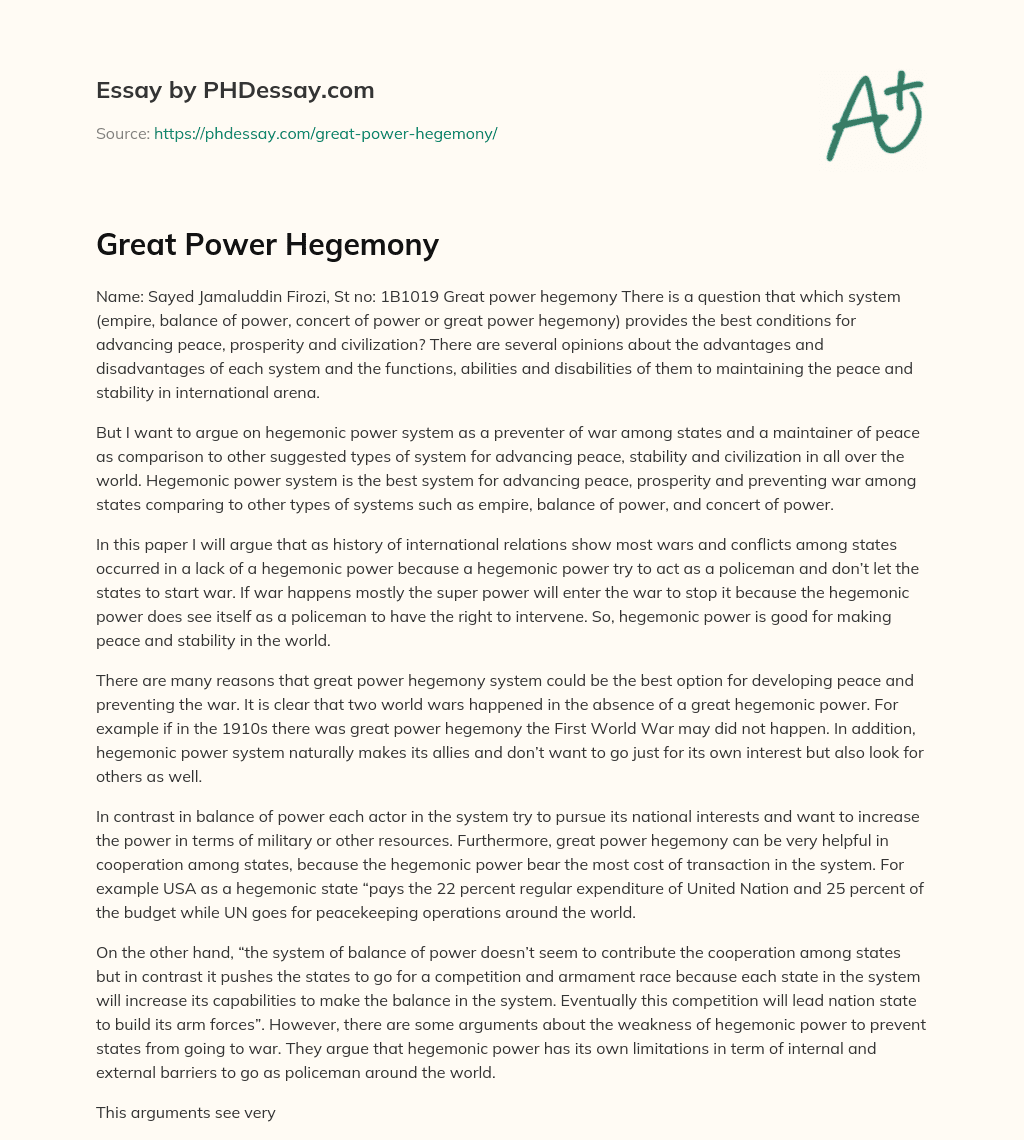 Great Power Hegemony essay