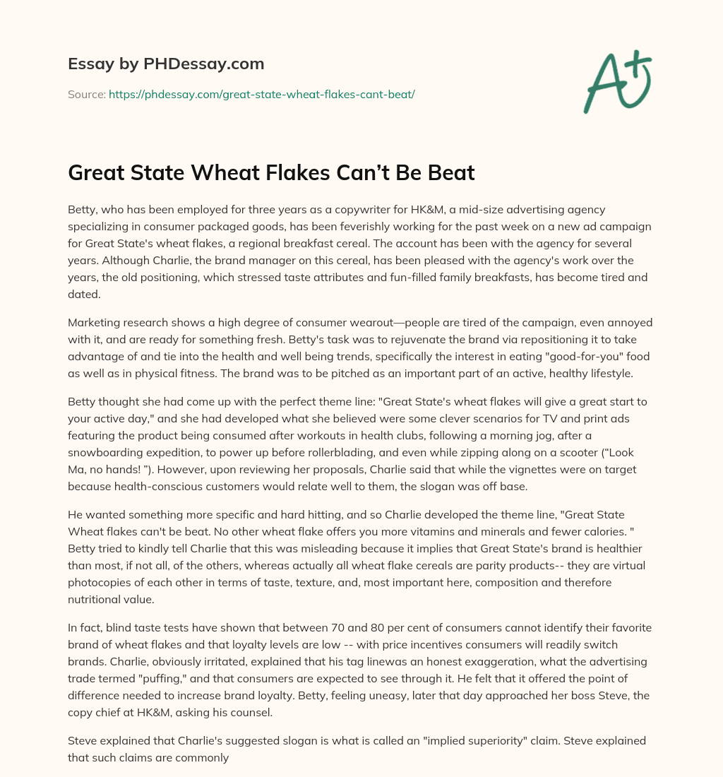 Great State Wheat Flakes Can’t Be Beat essay