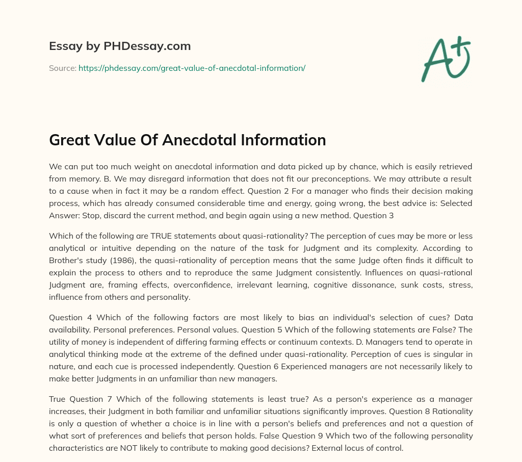 Great Value Of Anecdotal Information essay