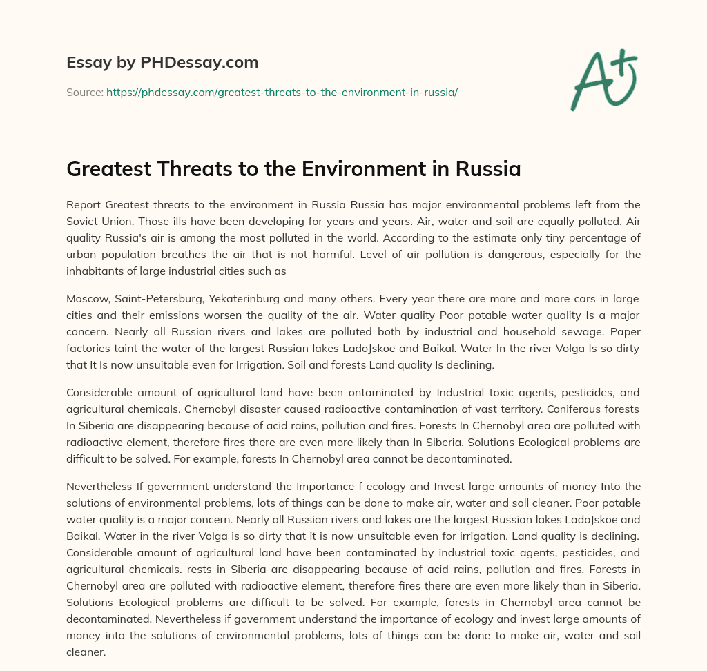 Greatest Threats to the Environment in Russia essay
