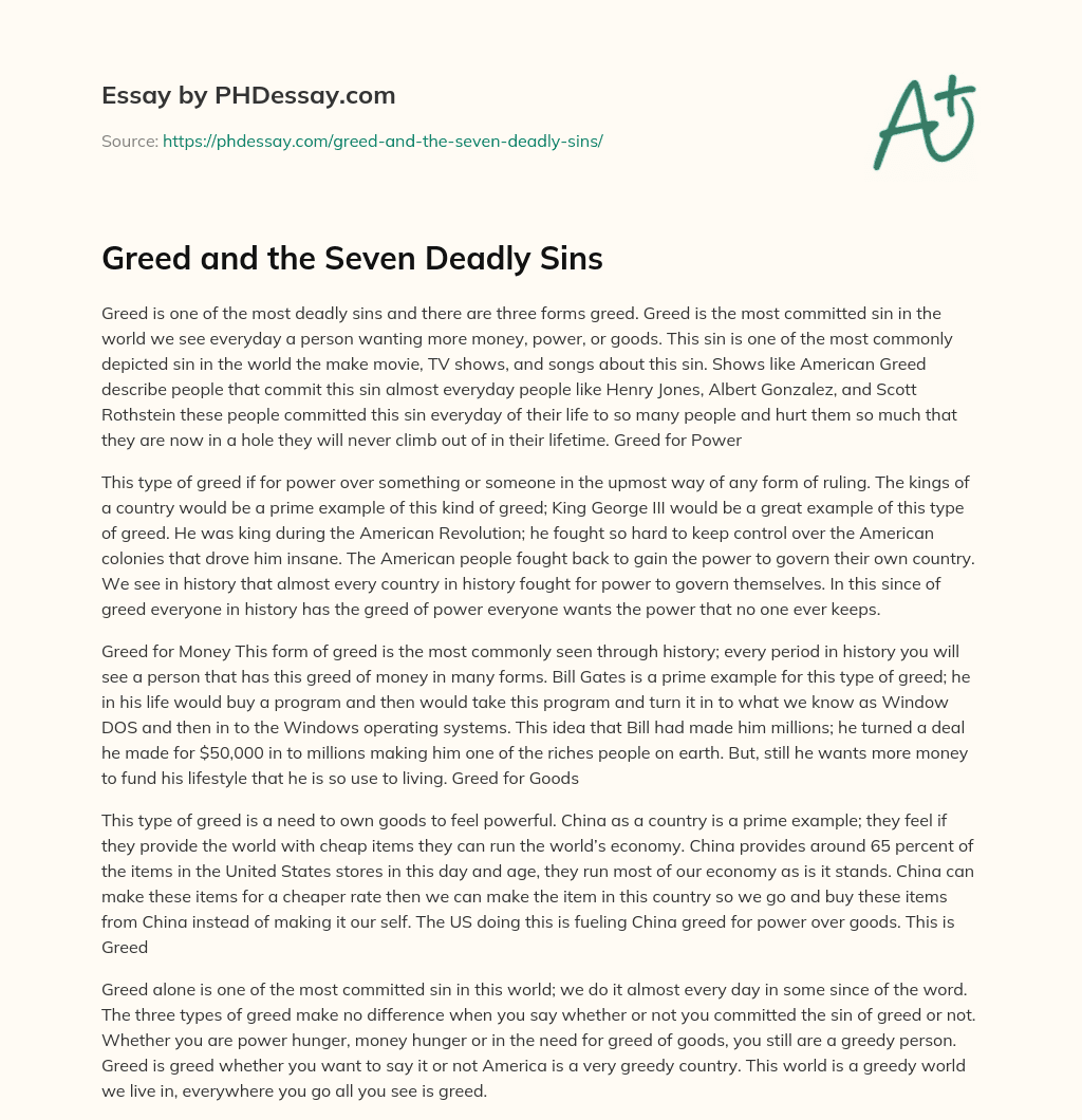 Greed and the Seven Deadly Sins essay