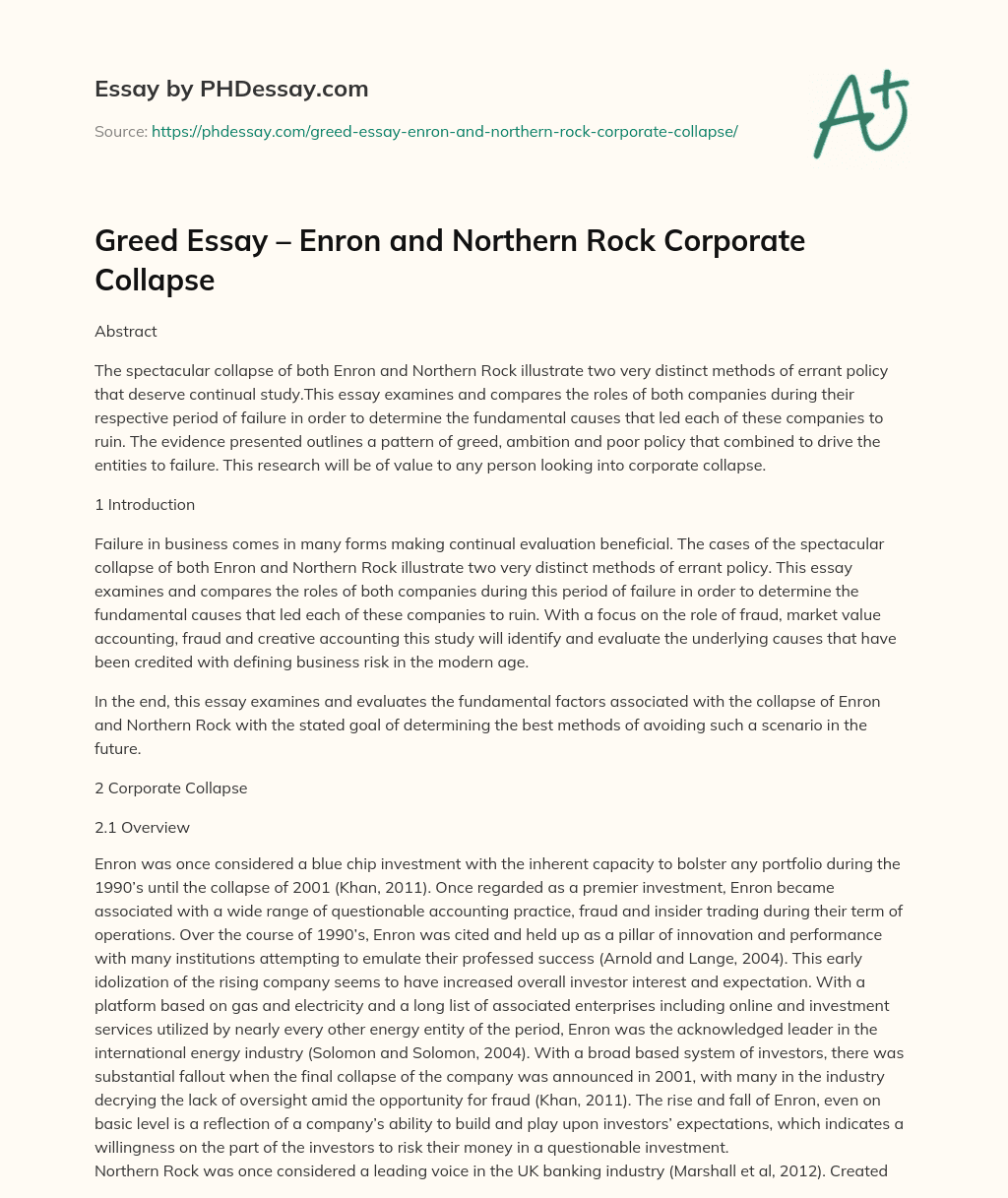 Greed Essay – Enron and Northern Rock Corporate Collapse essay