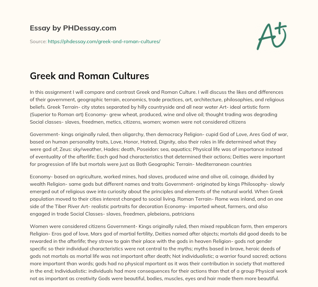 Greek and Roman Cultures essay
