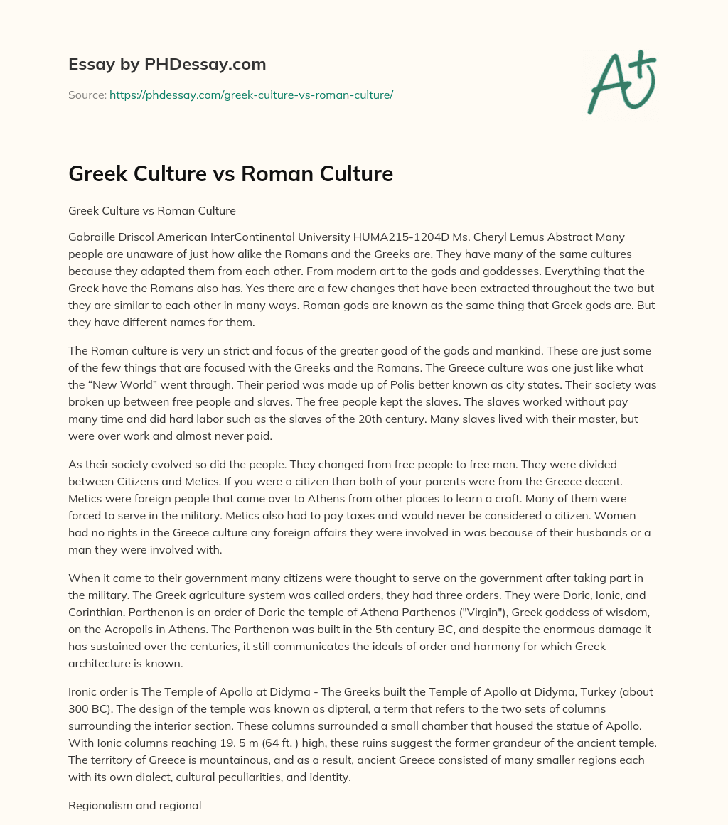 Greek Culture vs Roman Culture essay