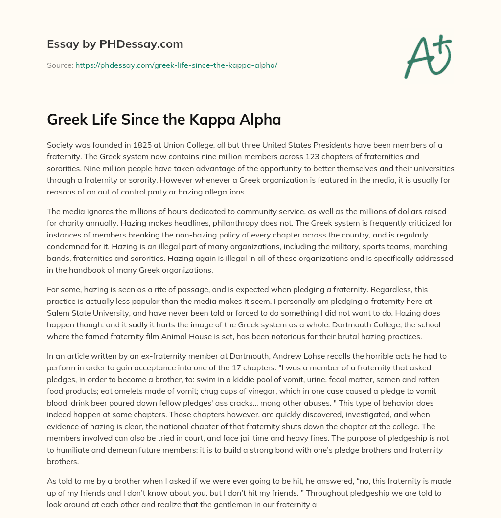 Greek Life Since the Kappa Alpha essay