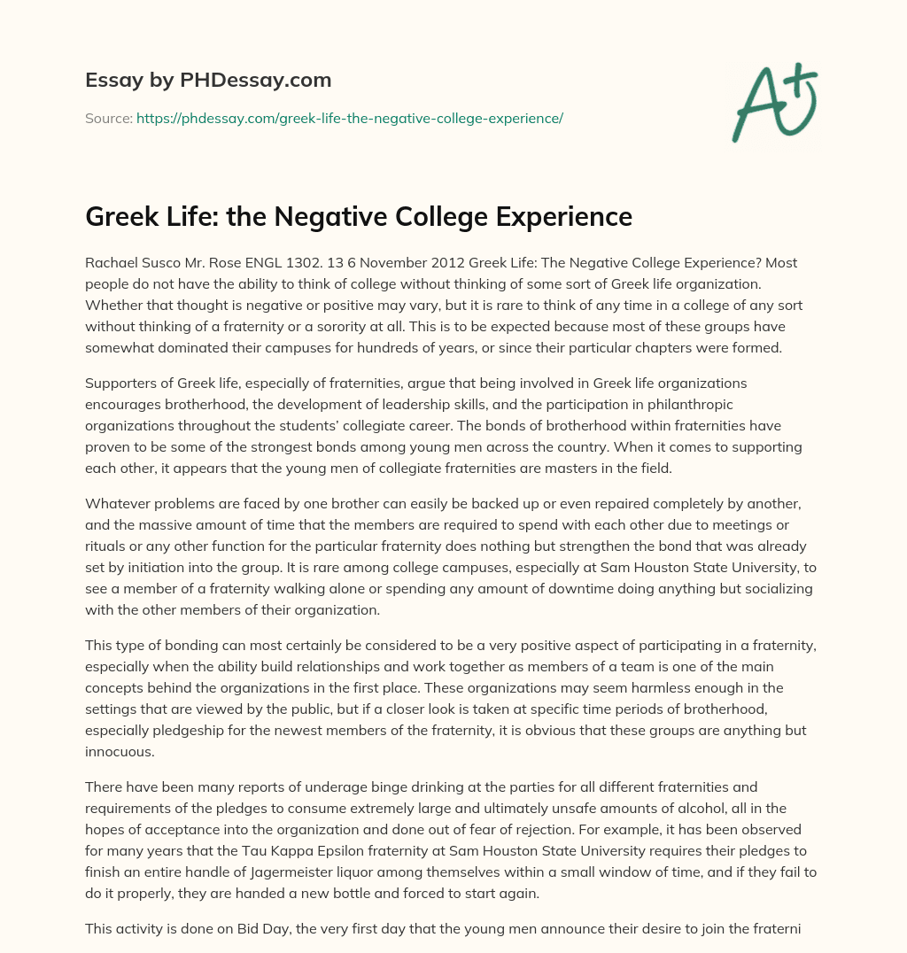 Greek Life: the Negative College Experience essay